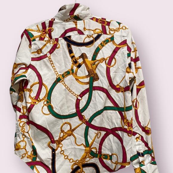 Lauren Ralph Lauren White Gold Chain Button Down Long Sleeve Top Size Large - Picture 3 of 10